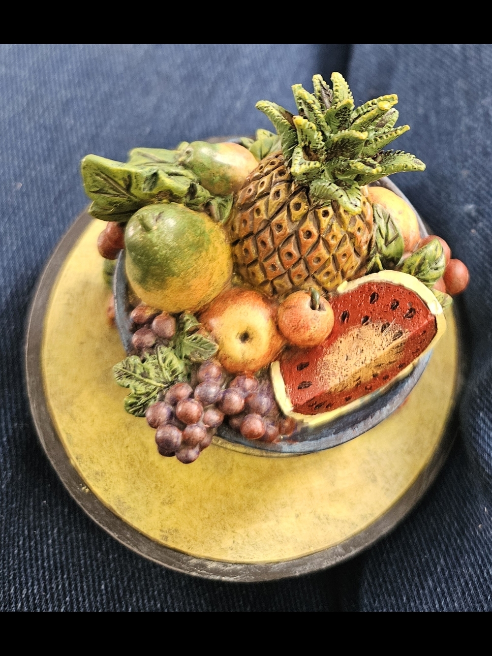 Hand-Painted Ceramic Fruit Bowl Candle Topper Sculpture - Pineapple & Watermelon
